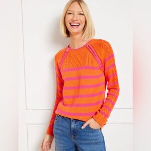 Talbots Cotton Cable Knit Zip Detail Fisherman Stripe Sweater Size MP